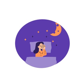 Sweet dreams design elements for banner and background. A woman sleeps in bed lying on a pillow and covered with a blanket. Vector hand drawn flat illustration.