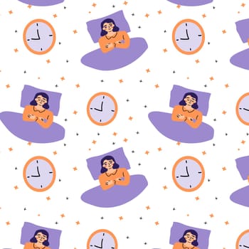 seamless pattern good night with sleeping woman and clock.