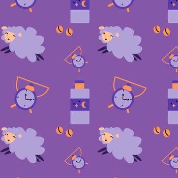 cartoon sheep and alarm, pills for sleep vector background. Vector illustration isolated. Suitable for textile, wrapping paper, poster.