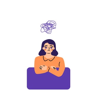 Young woman with mental problem in brain, woman with mental disorders. Psychology concept. Colorful vector illustration.