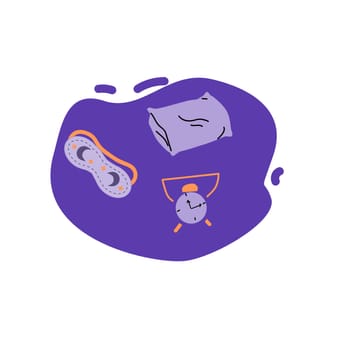 Mask for sleep, pillow and clock cartoon illustration. Vector illustration isolated. Items that will help people have a good sleep. Help for good sleep concept. World sleep day background.