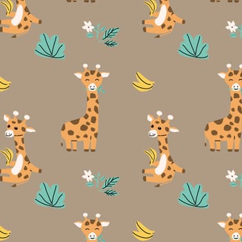 seamless baby background - giraffe and tropical leaves, banana.
