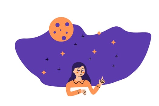 Space education banner with young girl or woman. Woman points to the stars and moon space education banner. Vector illustration isolated.