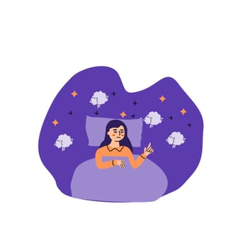 Sleep disorder, insomnia or stress of woman. Young female in bed. Vector flat illustration isolated.