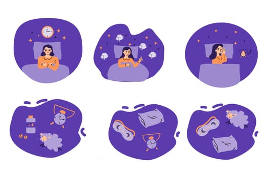 set of cartoon asleep woman in bedtime with insomnia and stress. Set of items for good sleep - sleeping mask, pillow, pills for sleep, alarm.