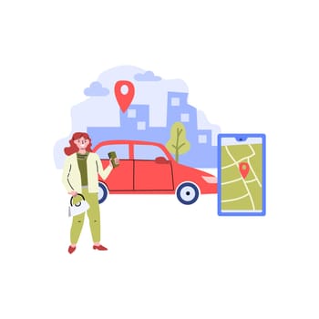 rent car sharing concept, transportation carsharing service . Vector illustration with modern cityscape background. woman using mobile app ordering automobile vehicle with location mark.
