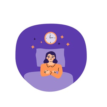 Sleep disorder, insomnia, and stress of woman. Young female lying in bed. Vector flat illustration isolated on white background.