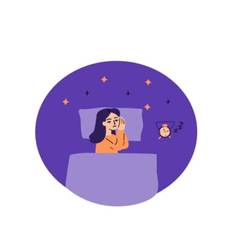 Sleep disorder, insomnia or stress of woman. Young female in bed. Vector flat illustration isolated.