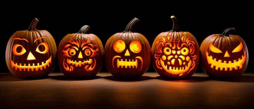 A collection of intricately carved pumpkins displayed on top of a table.