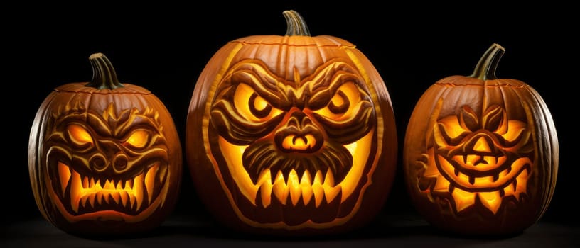 Capture the Halloween spirit with this photo of three intricately carved pumpkins featuring spooky faces, perfect for decorating during the festive season.