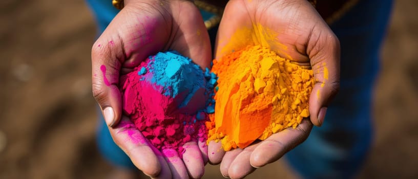 A persons hand with a vibrant assortment of colored powder tightly gripped in palm, captured amidst a festive atmosphere.
