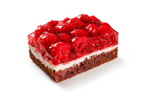 A golden brown raspberry tart, creating a beautiful burst of flavor and color. The tart is displayed on a white background, freshly baked and glistening with a generous layer of raspberry jam. The tart is generously filled with plump raspberries, showcasing its vibrant appearance.