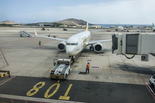 Passagiermaschine der Billigfluggesellschaft BUZZ, einer Marke von Ryanair, Gran Canaria, Kanarische Inseln, Spanien