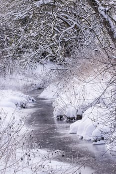 Winterlandschaft mit Bach, Nordrhein-Westfalen, Deutschland