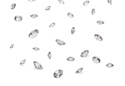 Falling shining diamonds on white background