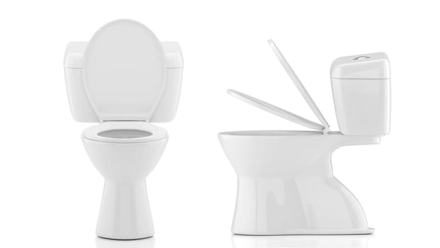 Front and side view of white toilet bowl with lid open on white background