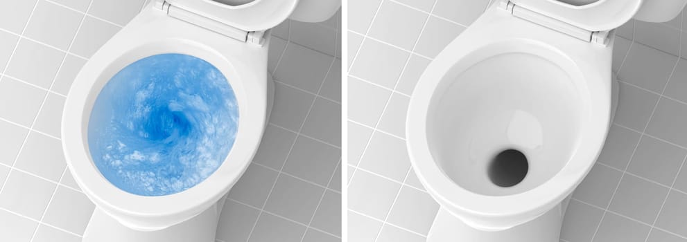Top view of toilet bowl, blue detergent flushing in it and toilet bowl in the bathroom