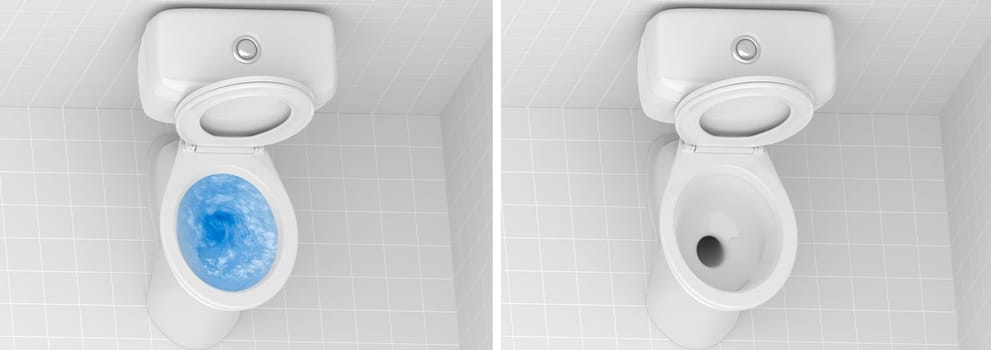 Top view of toilet bowl, blue detergent flushing in it and toilet bowl in the bathroom
