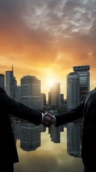 Two business partners seal a deal with a handshake against the backdrop of a bustling city skyline.