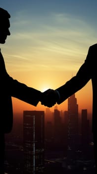 Two men standing outdoors in front of a vibrant city skyline, shaking hands with confidence.