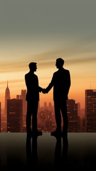 Two men shaking hands in front of a bustling city skyline, signifying a successful business deal.