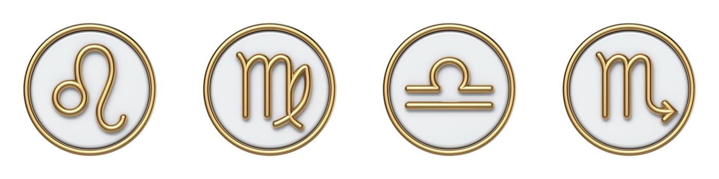 Golden zodiac signs Lion Virgin Balance Scorpion 3D rendering illustration isolated on white background