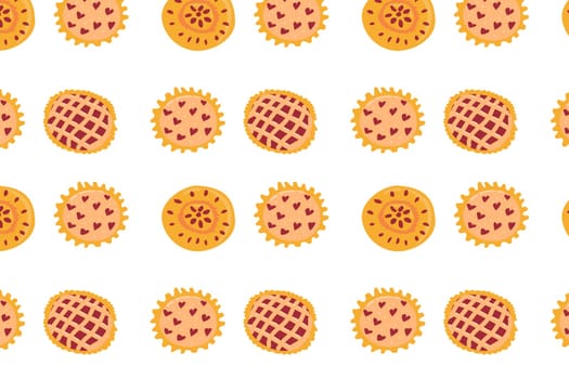 hand drawn cartoon pattern with various pie, top view. Vector illustration can used for poster, bakery background, greeting card.