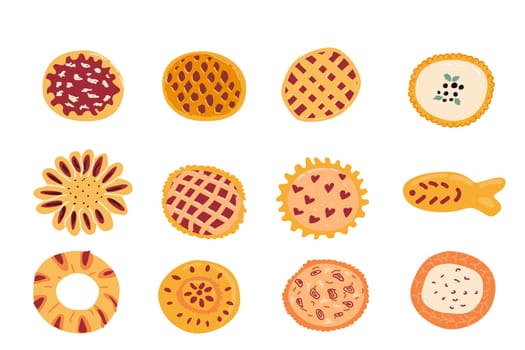 Hand drawn pie set with cheesecake, and berry pie, fish pie and onion pie, different shapes. Vector illustration isolated. Set of pie with berry fruit feeling, onion and fish feeling.