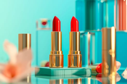Two red lipsticks in a gold containers. AI generated
