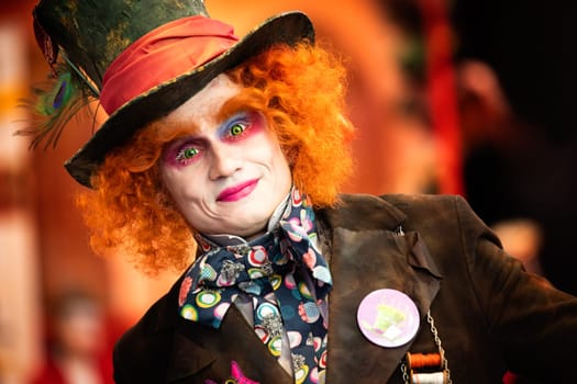 January 07 2024 Chassieux Eurexpo Auvergne Rhone Alpes France : Cosplay festival near Lyon in a free space. a man portrays the Mad Hatter from Alice in Wonderland. Alejandro Elmer, arts-mv-events