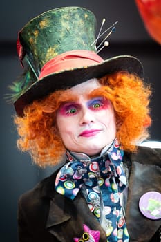 Janvuary 07 2024 Chassieux Eurexpo Auvergne Rhone Alpes France : Cosplay festival near Lyon in a free space. a man portrays the Mad Hatter from Alice in Wonderland.