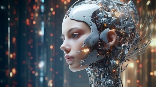 Concept of advanced artificial Intelligence with a android woman portrait. Generated artificial art
