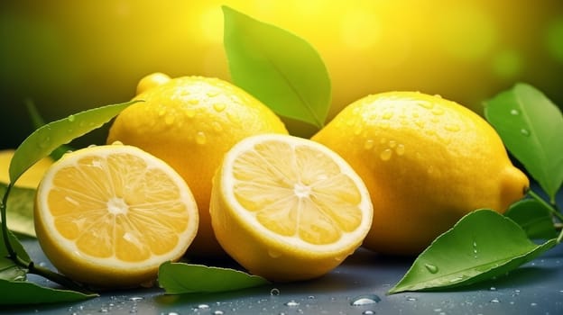 Beautiful fresh lemon fruits with leaves background. artificial art