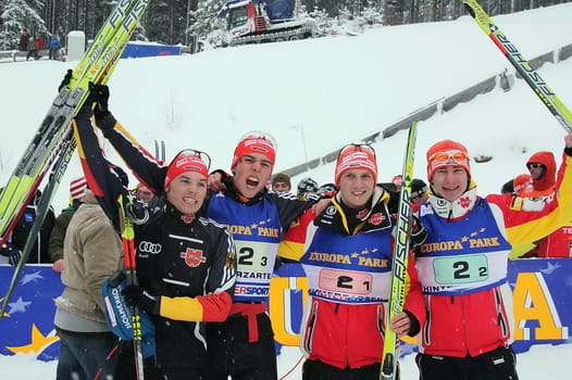 The DSV youngsters win gold and rejoice: v.li. Fabian Rießle,Johannes Rydzek,Johannes Firn and Janis Morweiser at the Junior World Championships 2010 in Hinterzarten