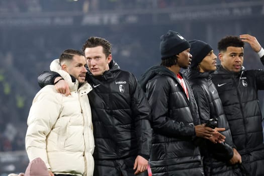 Christian Günter (SC Freiburg) congratulates and rejoices with Michael Gregoritsch (SC Freiburg) at the match of the 1. FBL: 23-24: 18 Sptg. SC Freiburg - TSG 1899 Hoffenheim  DFL REGULATIONS PROHIBIT ANY USE OF PHOTOGRAPHS AS IMAGE SEQUENCES AND/OR QUASI-VIDEONann  Photo: Joachim Hahne/johapress