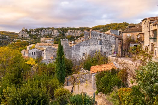 View over the roofs of the village of Balazuc, recognized historical heritage and member of the association Les Plus Beaux Villages de France. Vertical photography taken in France