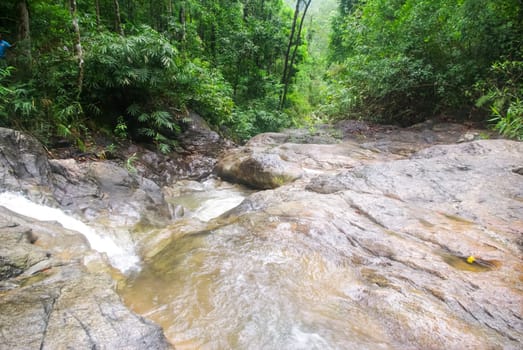 Mountain river with a waterfall. Flowing mountain river natural landscape.