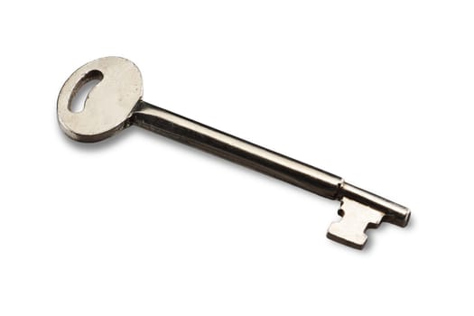 An old silver mortice lock key on white background with shadow
