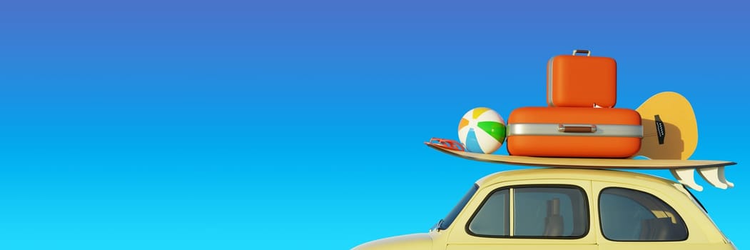 Retro small car with a surfboard and travel suitcases in front of a blue sky background, tourism concept, 3d rendering