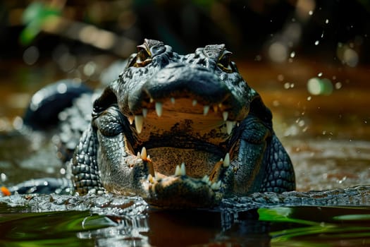 Attack of a alligator from the water. The crocodile jumps out of the water. AI generated