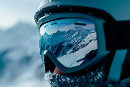 Close up of snowboarder mask in which you can see the reflection of beautiful snow-capped mountains. Wearing ski glasses. Winter Sports. AI generated