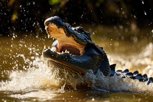 Attack of a alligator from the water. The crocodile jumps out of the water. AI generated