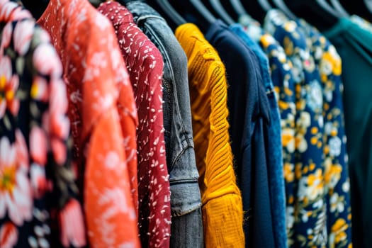Woman fashion clothes hung on hangers as display in a retail clothes shop. Close-up view of a variety of dresses, jackets and sweaters hung on a hangers in a store display. AI generated