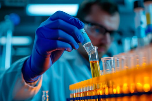 Technician researcher holding test tube for analysis in the investigation lab. Hand of chemical with a sample in tube pcr in the research laboratory. AI generated