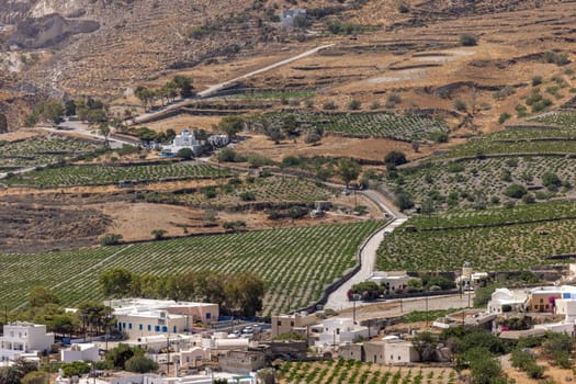 Aerial view of farmland and vineyards in the Kamari area on Santorini, Greece