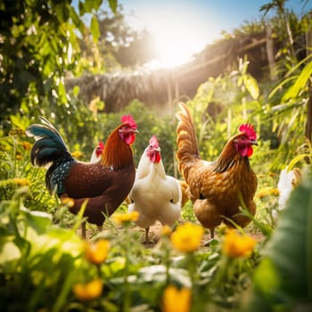 Free range chicken farm and sustainable agriculture. Organic poultry farming. Chickens roaming free in sustainable and animal-friendly farm. Free range bird in agriculture grass field. Generative AI.