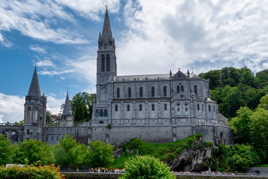 a view of the cathedral in Lourdes, France