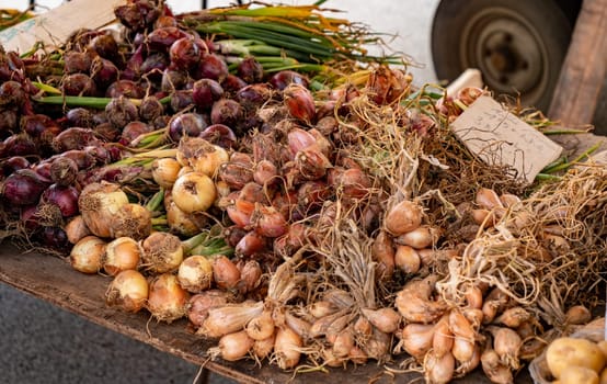 Organic onions on the french market stall.