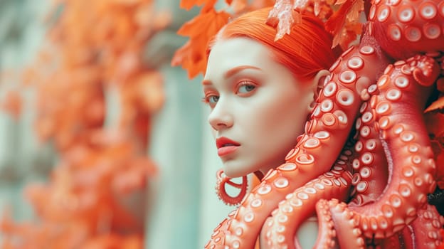 portrait of a woman with very fair skin and red hair, tentacles and leaves. generated by ai