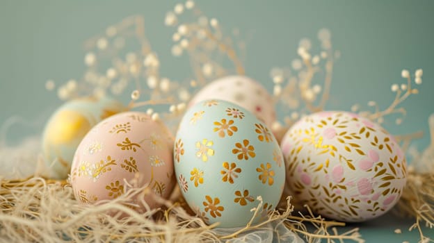 hand-decorated easter eggs background. generated by ai
